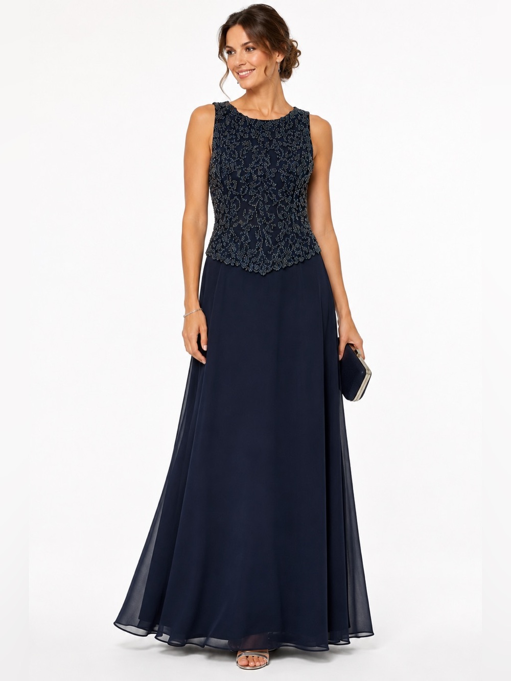 J Kara 10 Navy Beaded Chiffon Maxi Dress Formal Evening Gown MOB Gala Modest